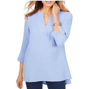 Foxcroft NYC Womens Vena Blue Split Neck Gauze Blouse Henley Top size 10 relaxed